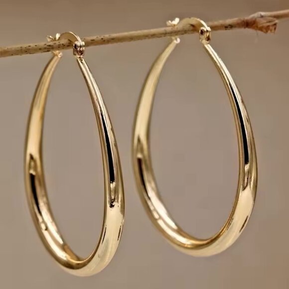 NWOT - ✨ Polished Gold Teardrop Hoop Earrings – Classic & Sleek – 2" Drop - Picture 1 of 3